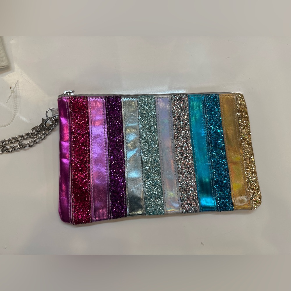 Metallic Multi-Stripe Glitter Wristlet Clutch - Pink, Purple, Silver, Teal, Gold